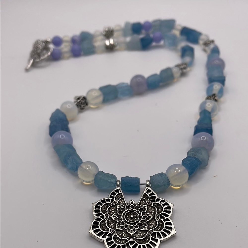 Aquamarine Nuggets, Polished Stones and Ethiopian Opalite Necklace.